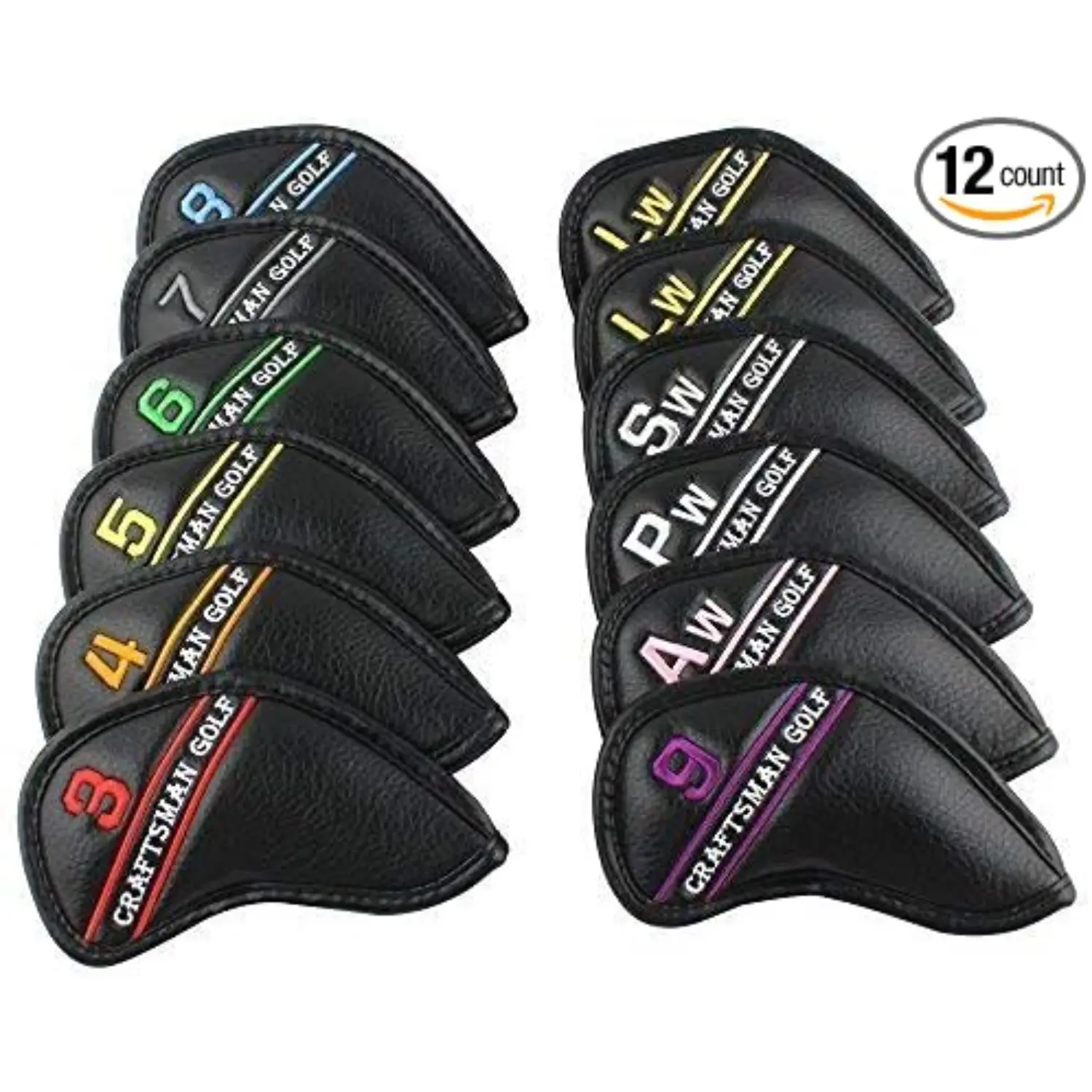 Craftsman Golf 12pcs Black Leather Iron Head Covers Set, Golf Accessory with Colorful Number Embroidery