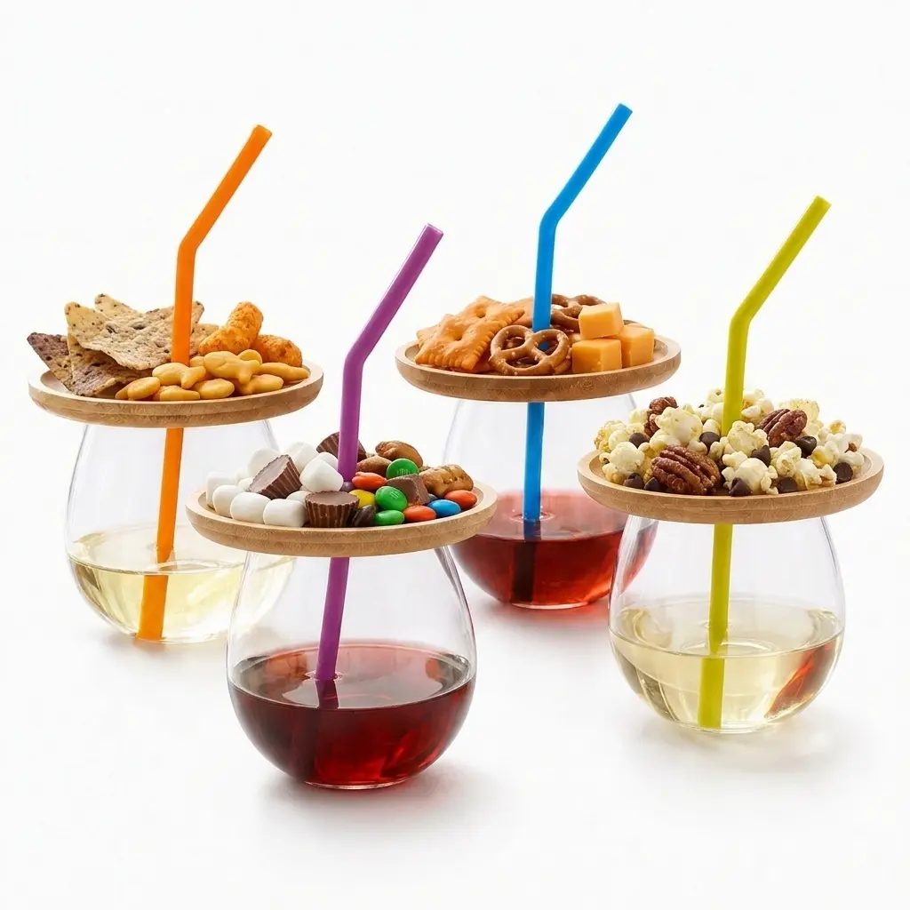 Stemless Glass Set (4-Piece) with Charcuterie Boards & Silicone Straws for Parties, Wine Tasting, 15oz Wine Glass for Girls Night
