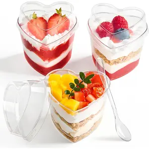 100 Pack 5 oz Heart Shaped Dessert Cups with  and Spoons, Mini Plastic Parfait Cups Mother's Day Shooter Cups for Appetizer Mousse Pudding