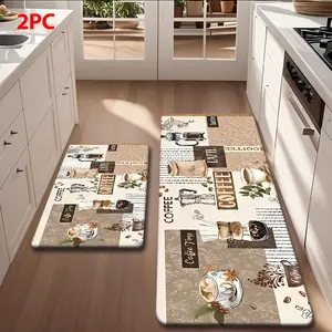2/3 Piece Flannel Kitchen Mat Set, Vintage Coffee Patchwork Design, Non-Slip Bottom, Absorbent, Home Decor