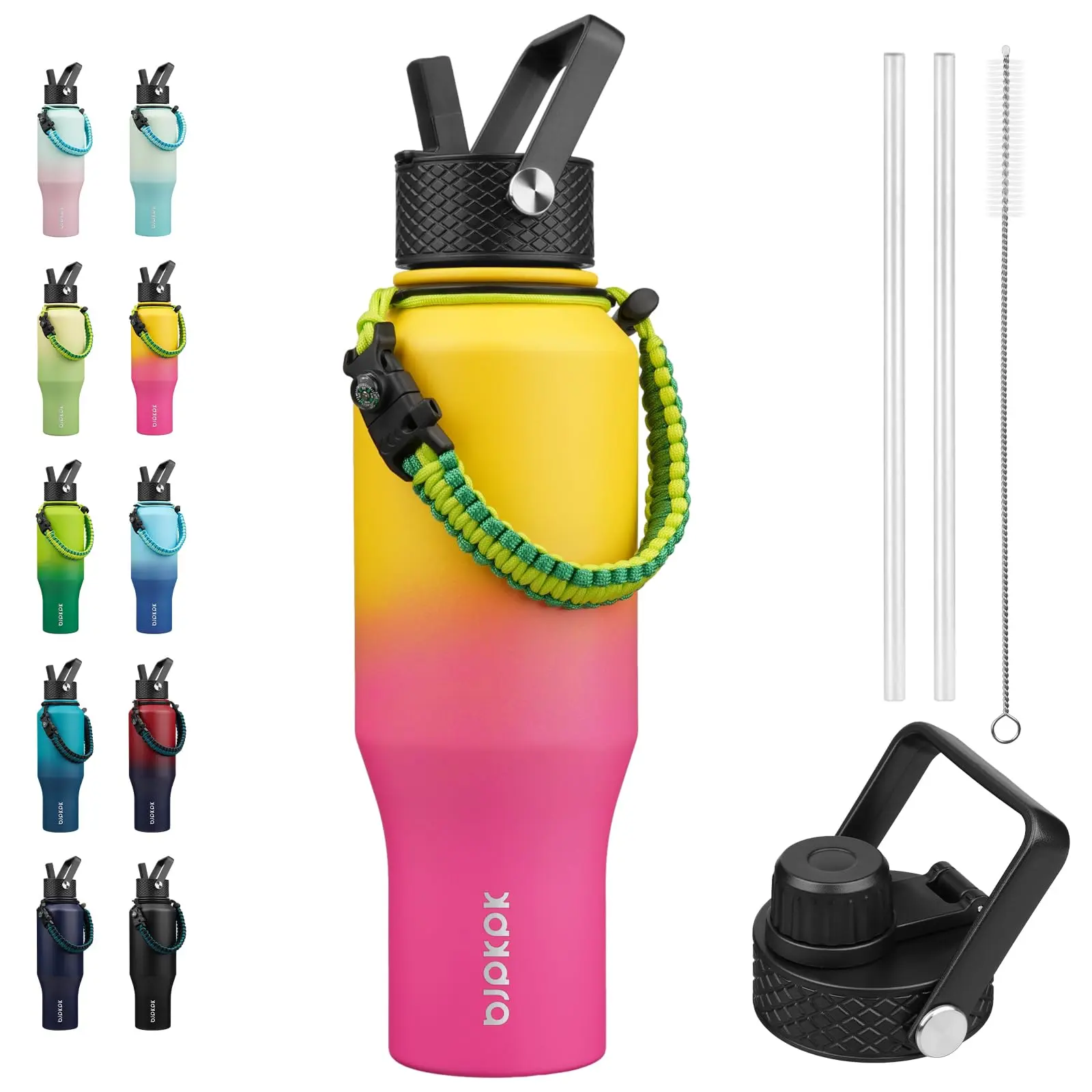 Insulated Water Bottles With Straw Lid  35oz Metal Bottle 2 Lids & Paracord Strap Double Wall Stainless Steel Vacuum Tumblers Cups Thermos For Hot& Cold Drinks Pink Yellow Rose