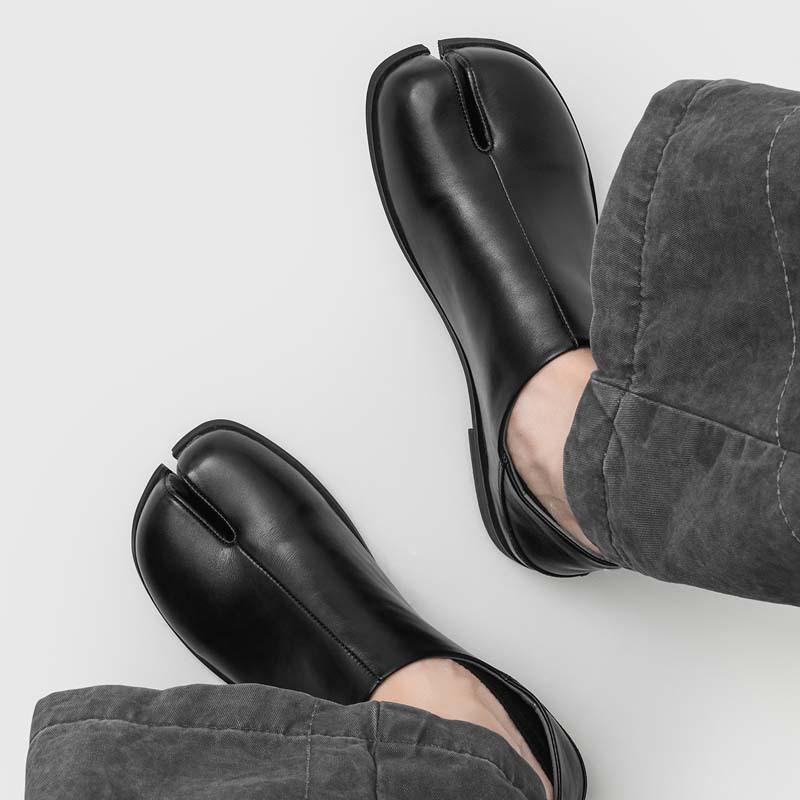 Women's Minimalist Split-Toe Ankle Boots - Glossy Leather, Low Block Heel, Side Zip Fasten, Leather Inner, Rubber Sole for All-Season Casual Wear