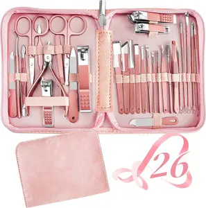 26 Pcs Manicure Set,Professional Pedicure Kit,Stainless Steel Nail Clippers for Women,Pedicure Care Tools with Pink Leather Travel Case