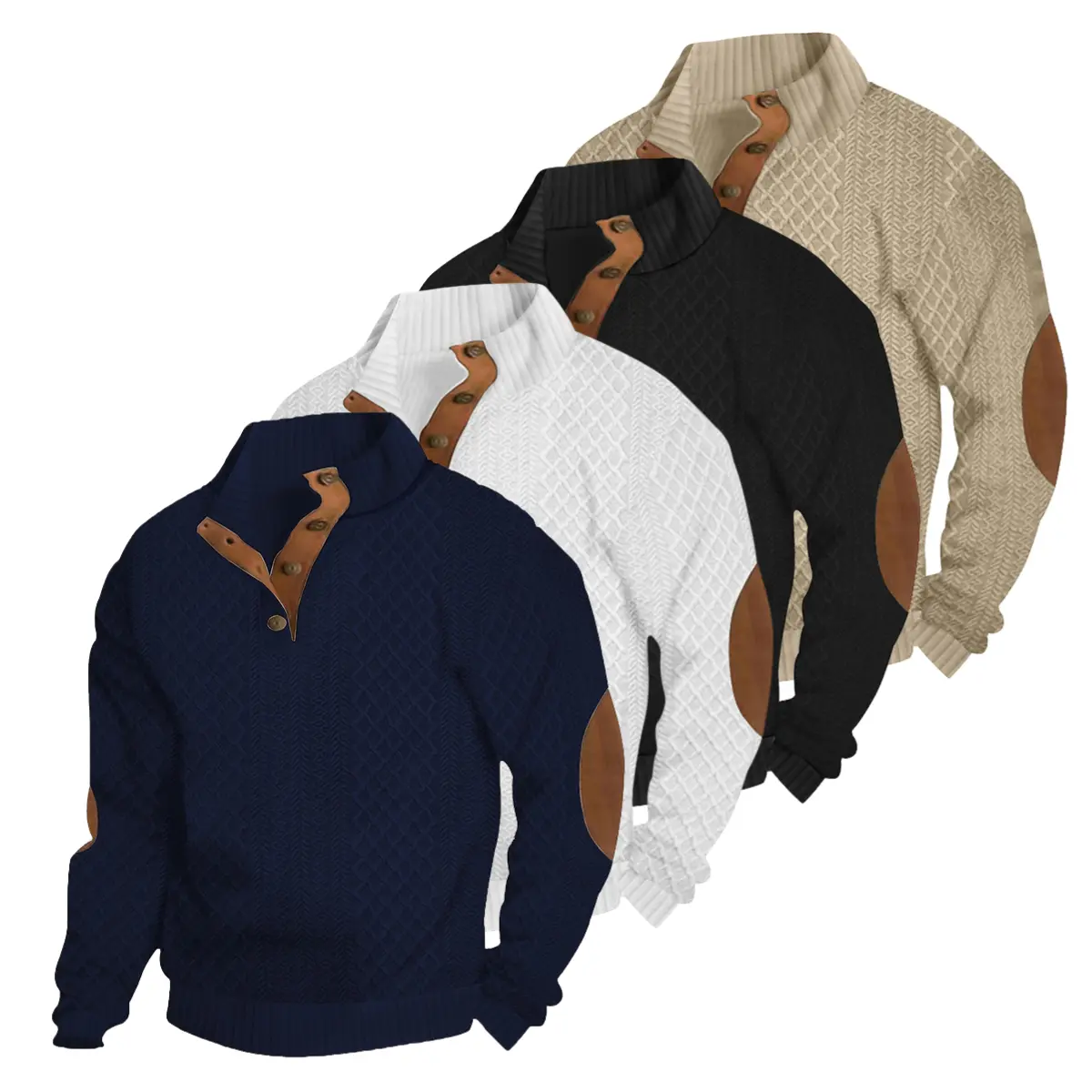 Men's Fitted Chic Preppy Retro Vintage Diamond Jacquard Knit Pullover Sweater - Long-Sleeve, Solid Color, Half-Placket Button Stand Collar, Casual, Layer-Friendly Tops for Spring, Autumn, White, Knitwear
