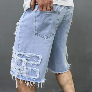 Men's Casual Fashion Cut Distressed Denim Shorts, Durable Stretch Loose Fit Light Blue Summer patch jean Denim Shorts Versatile Street Style Skate Pants for Daily Outing Y2K Streetwear Wide Leg Baggy