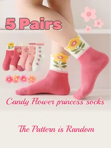 Seasonal Five-Pair Cute Floral Socks for Kids, Fitted Design for Spring & Fall, Ideal Children Footwear Accessory
