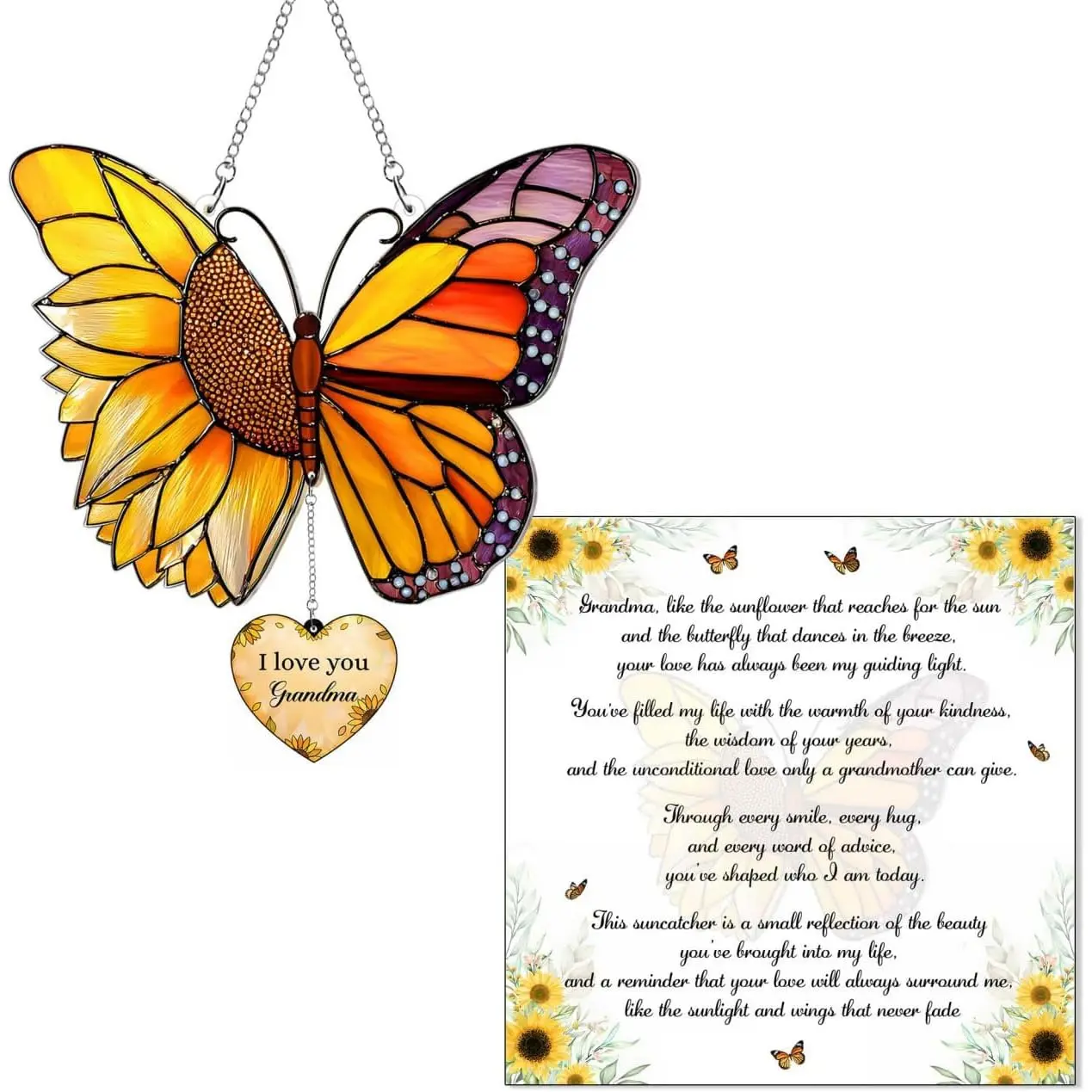 Butterfly Sunflower Acrylic Suncatcher with Card, I Love You Grandma Hanging with Heart Charm & Gift Card, Grandma Suncatcher, for Nana from Kids Grandkids