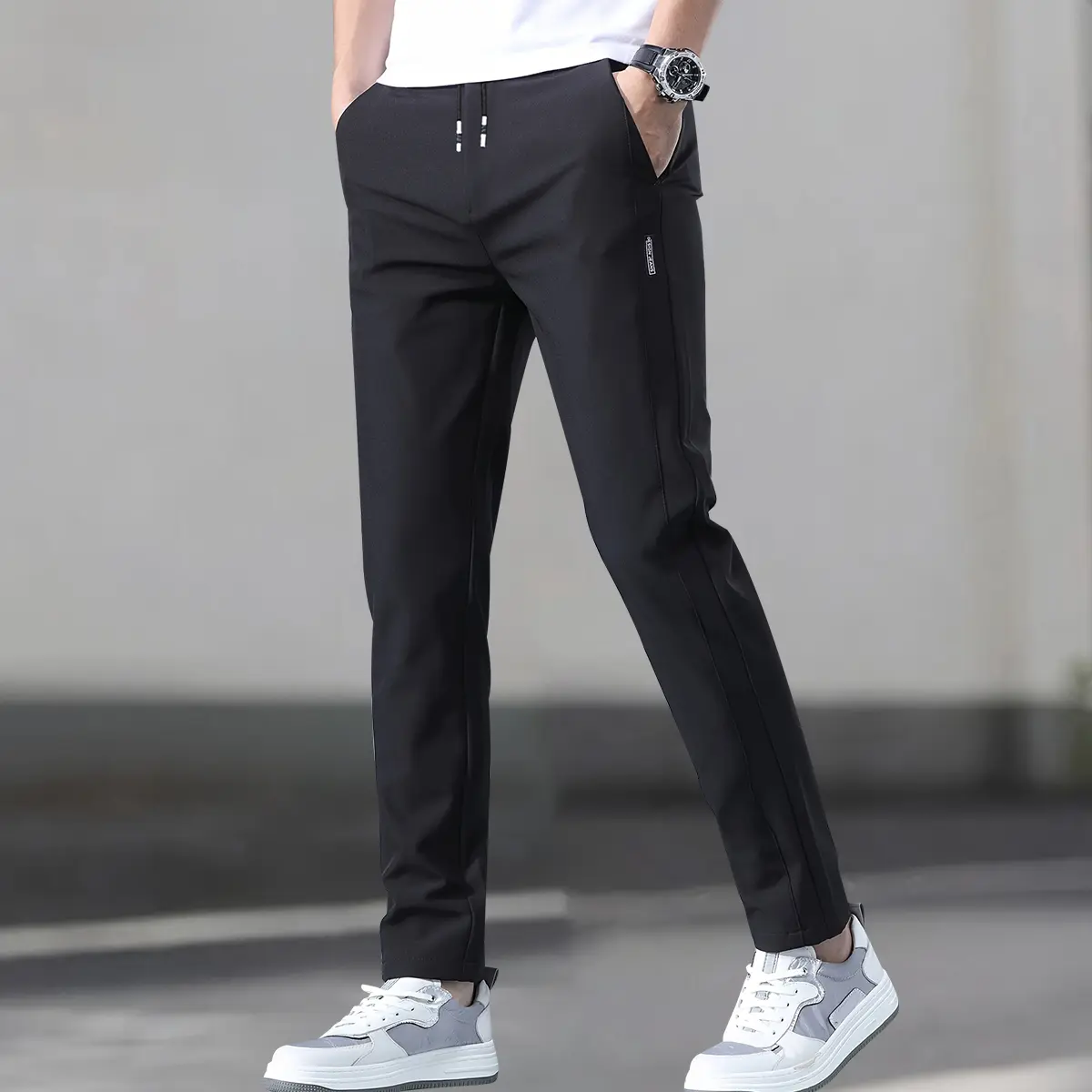Men's Body-Fitting Mid-Waist Plain Straight-Leg Ice Silk Pants - Ultra-Light, Breathable, Smooth-Touch, High-Elasticity Contemporary Casual Trousers for Office & Summer Street Use, Body-Fitting Men's Pants, Breathable Men's Pants