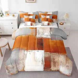 Orange White Gray Bedding 7 Piece Oil Painting Comforter Bed Set,Ombre Gradient Bed Bag with Flat Sheet and Fitted Graffiti Abstract Bed Set