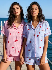 Heart & Striped Pajama Set | Best Value All-Season Loungewear | Soft Button Down Sleepwear Bundle for Women，Matching Heart & Stripe PJ Set Multi-pack | Perfect for Girls Trip & Pajama Party | Chic All-Season Notch Collar Home Wear | Gift Bundle