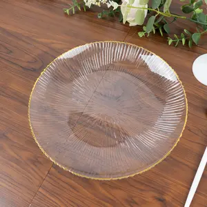 20 Pack Clear Plastic Dinner Plates with Gold Rim – 10" Ribbed Sunburst Pattern – Round Disposable Party Plates