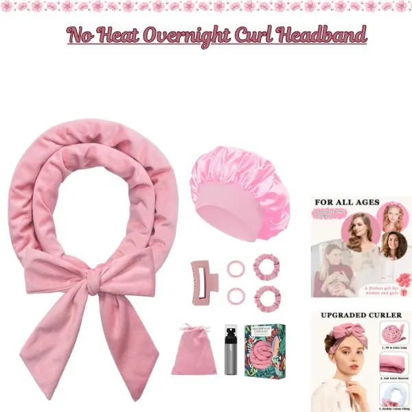 Heatless Curls Headband Wrap for Overnight Bouncy Curls - 9 Piece Hair Curler Set with Bonnet & Forming Rollers for Long Hair, Styling Tool for Adults, Velvet, 9 Pcs