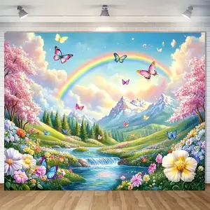 Spring Beauty Backdrop Banner, Garden Party Theme with Rainbow, Creek & Flowers, Ideal for Indoor/outdoor Events, Perfect for Home Decor