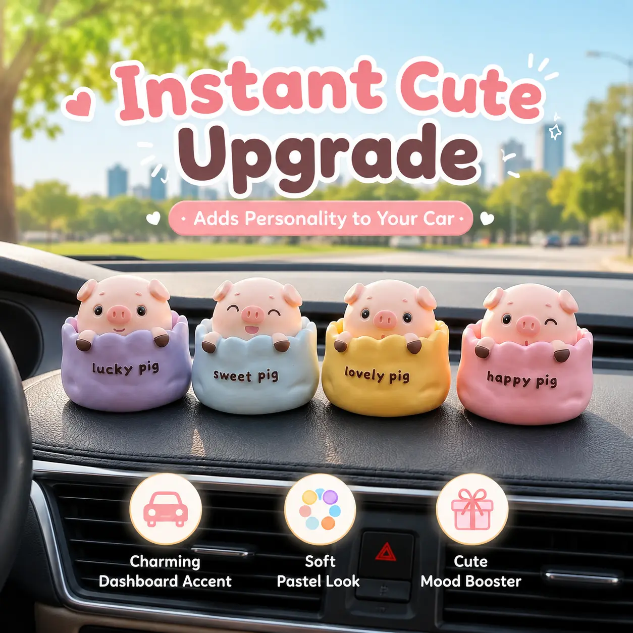Cartoon Bobble Head Pig Car Ornament, Cute Resin Piggy Figurine for Car Dashboard, Auto Interior Decoration, Lovely Pig Car Decor Gift for Drivers