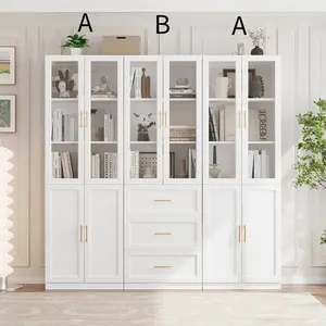 VOWNER Bookcase with Glass Doors & Drawers, 5 Tier Bookshelf with Adjustable Shelf, Large Storage, Home Office, Living Room, White（3set） tall bookcase