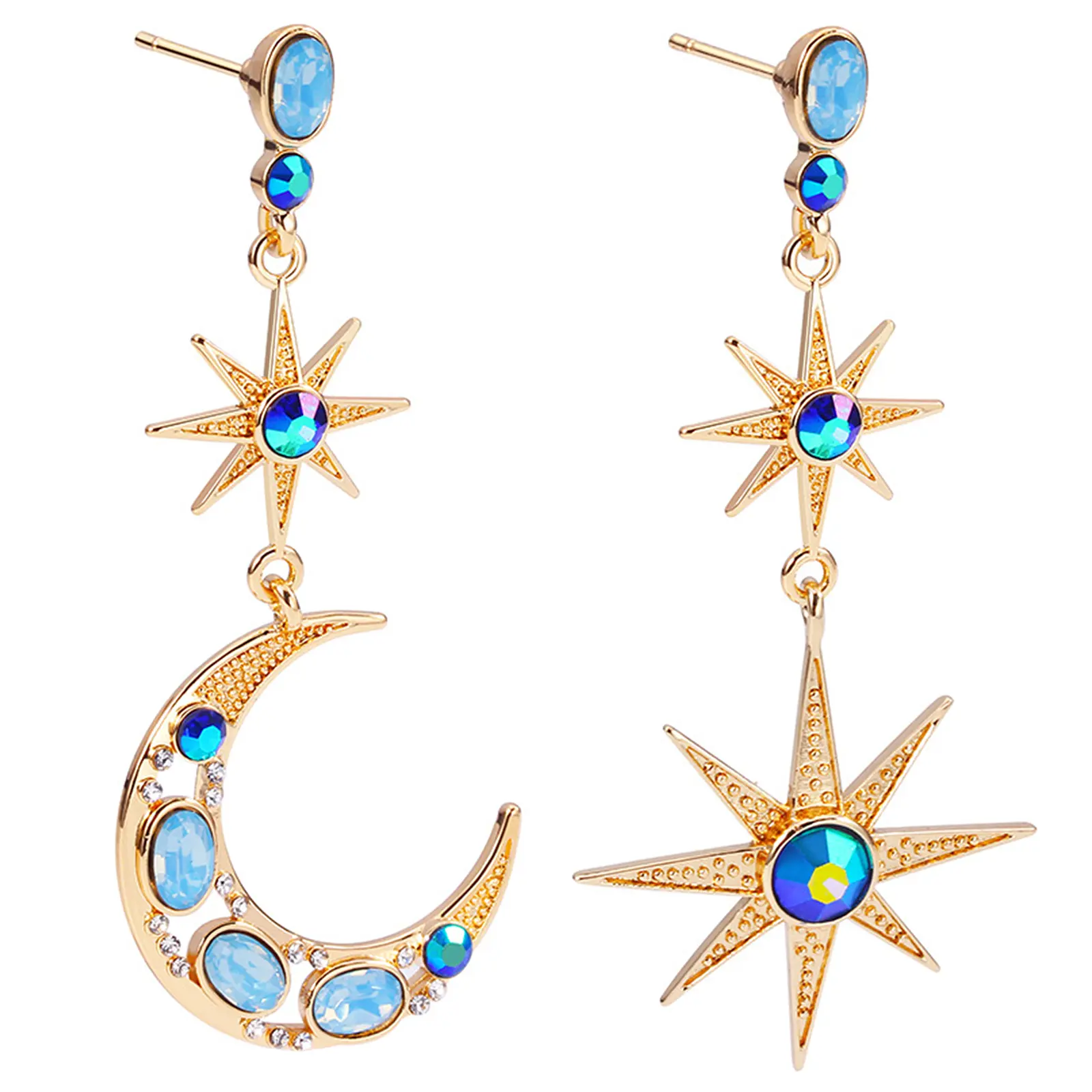 OIDEA Women's Gold-Tone Asymmetric Star and Moon Dangle Earrings - Earring for Women, Whimsical Bohemian Celestial Symbol Jewelry with Shaped Details, Whimsical Earrings