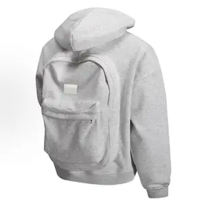 Men's Solid Color Multi-Functional Zip-Up Hoodie with Integrated Backpack Design, Kangaroo Pocket & Drawstring Details, Perfect for Back-to-School & Outdoor Travel