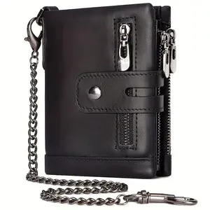 Genuine leather chain wallet for men, RFID-blocking short wallet, double zipper card holder, anti-theft coin pocket, ideal gift for men