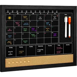 Chalkboard Calendar for Wall, 4-in-1  Monthly & Weekly Calendar, 13" x 17" Small Black Framed Chalkboard & Cork Bulletin Board for Office  School