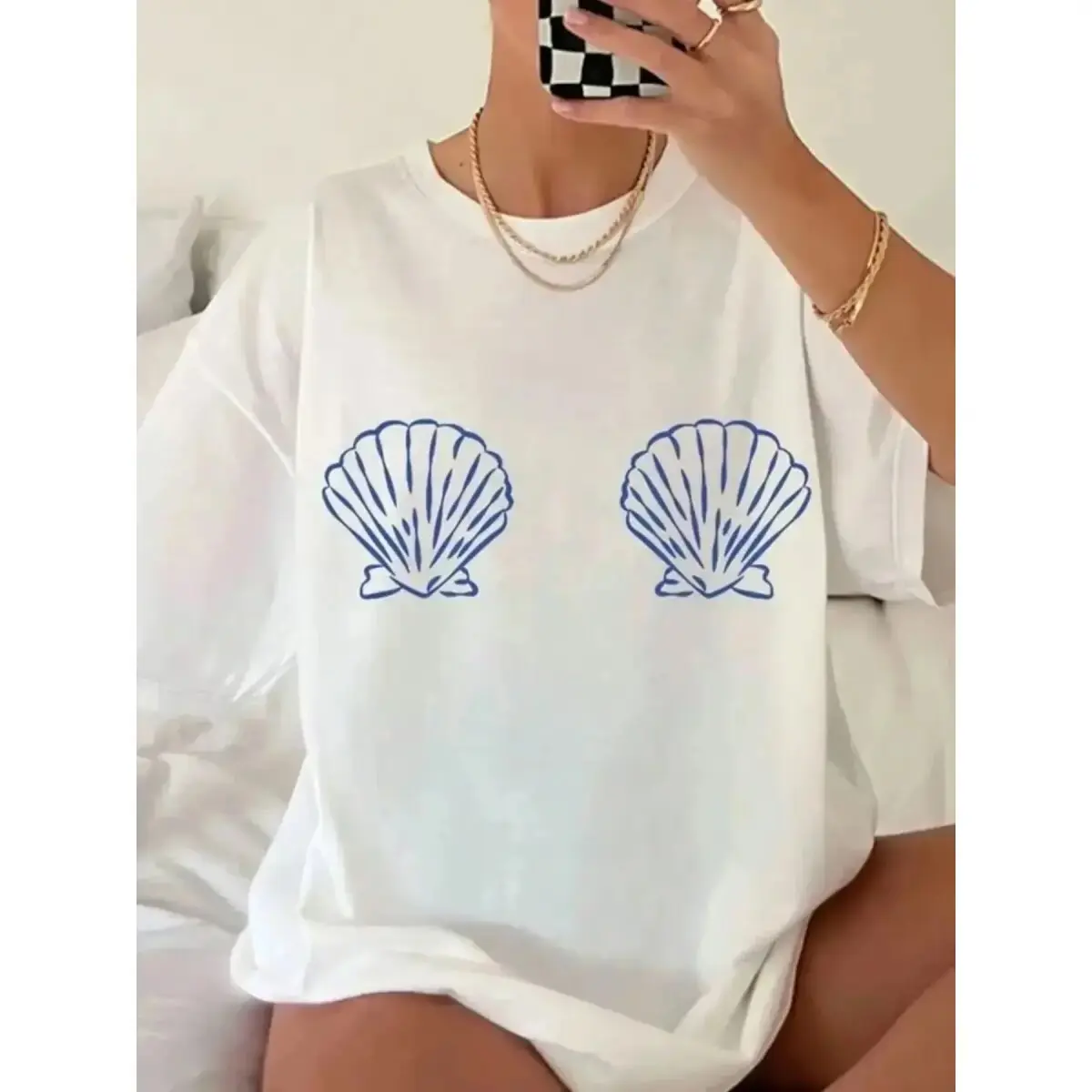 Women’s Y2K Seashell Print Oversized Crewneck Short Sleeve Tee, Streetwear Casual Top for Beach & Daily Wear Shirts Graphics