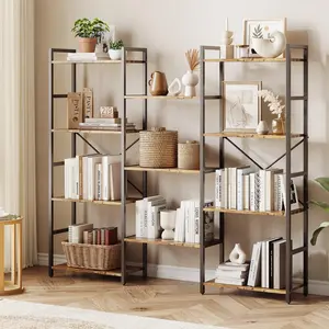 GARVEE Triple Column 4-Tier Rustic Industrial Style Bookshelf with 11 Open Storage Display Shelves, Large Bookcase for Living Room and Office Storage