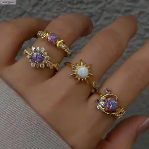 Women's Celestial Sun Moon Stackable Rings Set, Trendy Boho Geometric Crystal Gemstone Rings, Adjustable Aesthetic Finger Ring Jewelry for Women, Daily Wear, Party, Vacation, Birthday Gift for Her