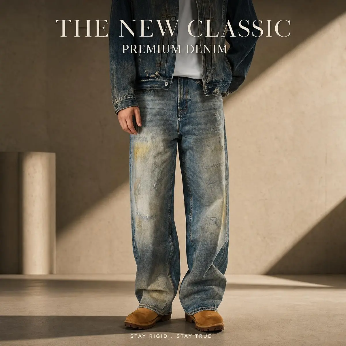 JOJO | Vintage Mud‑Fade Wide Leg Baggy Jeans, Distressed Washed Relaxed Fit Denim Pants, Heavy‑Weight Premium Retro Street‑Style Denim Trousers for Men Daily Casual Wear