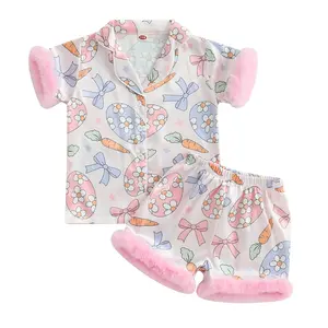 Kids Girls Easter Pajamas Set Easter Eggs Carrot Print Short Sleeve Shirts Tops Elastic Waist Shorts 2 Pieces Lounge Suit