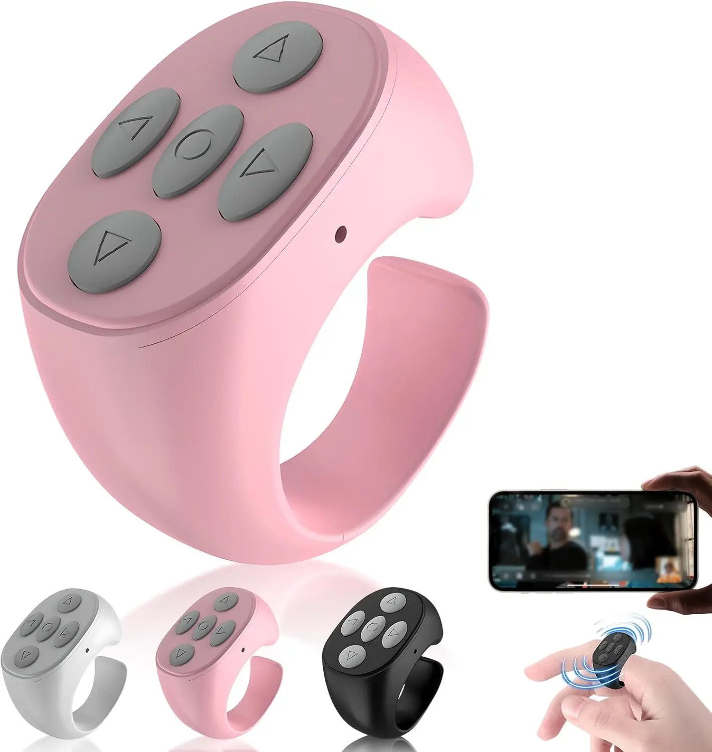 Fingertip Wireless Bluetooth Remote Control, 2026 Upgrade Bluetooth Ring Scroller Video Scrolling Ring Remote Control Page Turner, Scrolling Rings Rechargeable Camera Video Recording Remote (Pink)