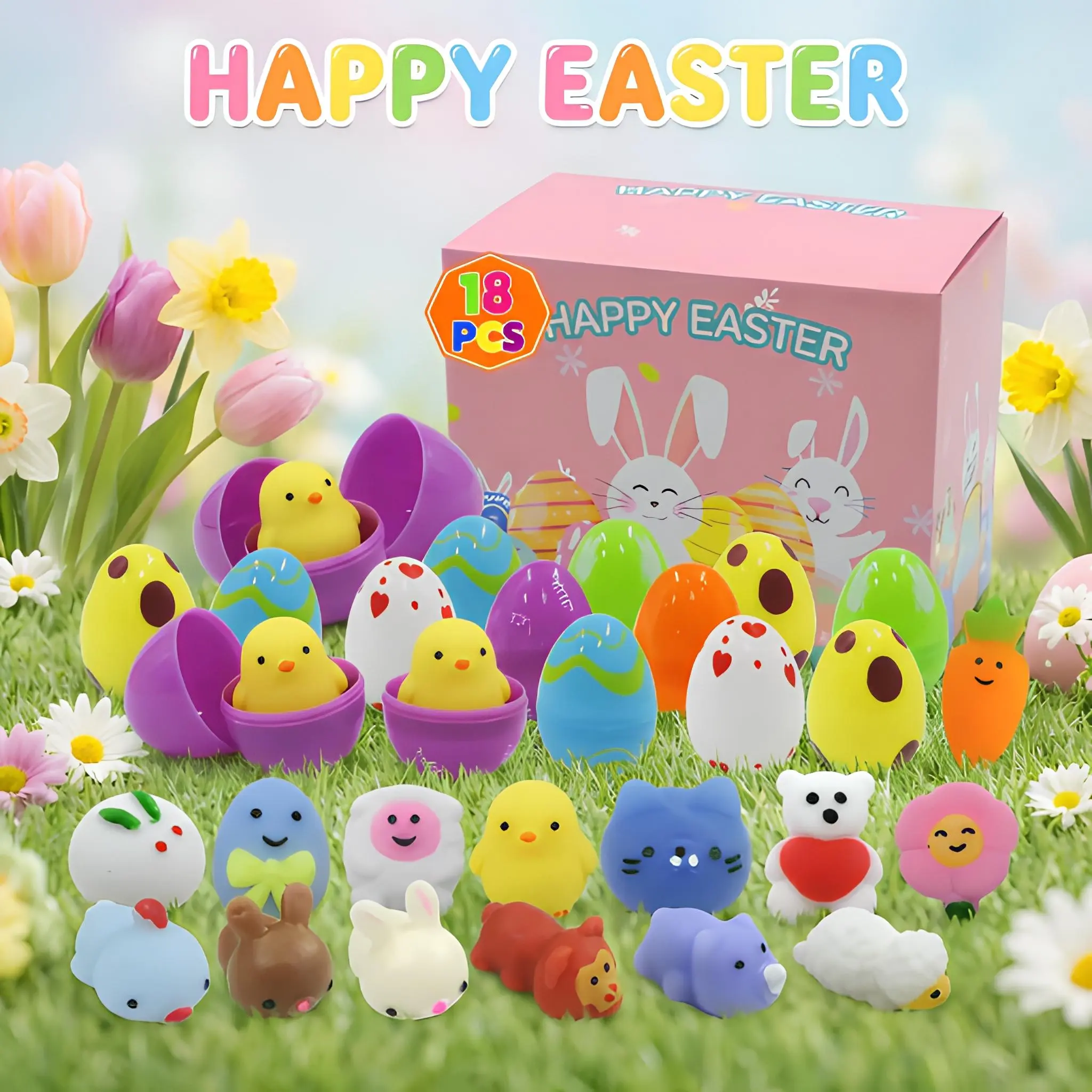 18 Pack Easter Eggs with Cute Animal Squishy Toys Inside,Prefilled Eggs for Kids Boys Girls Easter Basket Stuffers,Party Favor,Egg Hunt Handmade Grape Crystal Mochi Toy Set Jujutsu Kaisen Gojo Nendoroid Figure Stress Relief Portable need oh math pinch fun