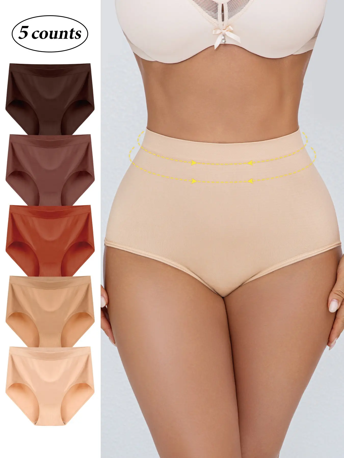 Women's High Waist Seamless Knickers Basic Minimalist Casual Fit Elastic Waist Underwear Set, 5-Pack/4-Pack, Fall & Winter Warm Pure Color Shapewear Triangle Intimates Panties