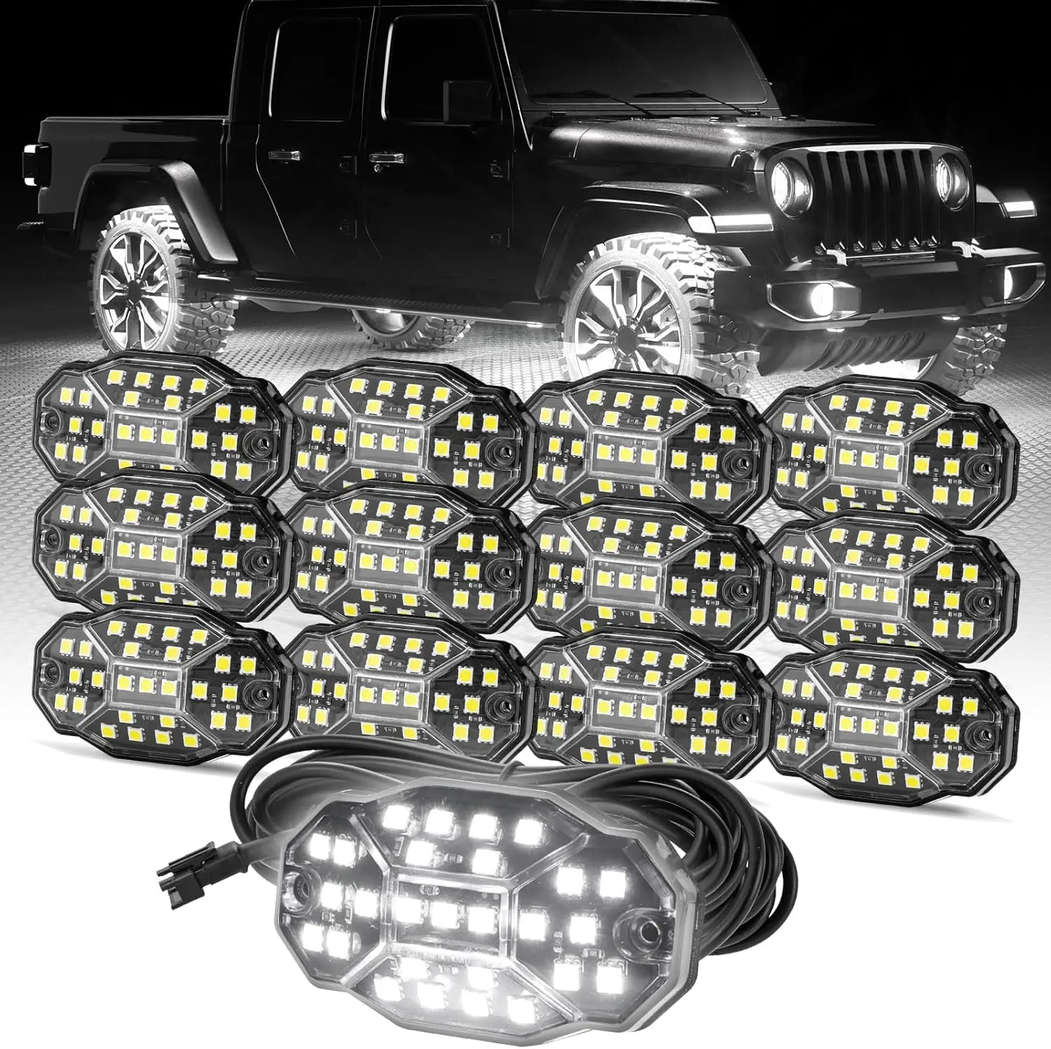 Winunite 27 Full Angle Chips Rock Lights,6000K Pure White,5-Sided Translucent Design with No Cover,4M Extension Wires,Plug and Play,IP67 Waterproof,Fits Trucks Trailers Cars SUV ATV UTV Boats Summer Survivals