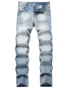 Men's Denim Straight Leg Pants, Casual Classic Light Blue Washed Plain Jeans, Trendy Long Trousers, Loose-Fitting Streetwear Street Style, Menswear All Seasons