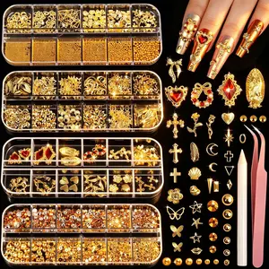 4 Trays 3D Gold Nail Charms Set with Tools, Religious Cross Heart Nail Rhinestones Caviar Beads Pearls, Y2K Nail Art Supplies for DIY & Salon