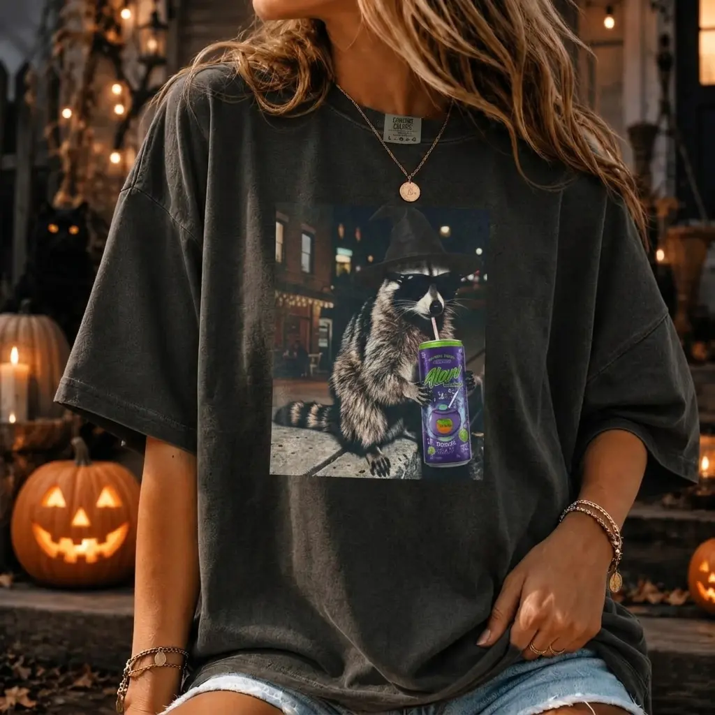 Raccoon Drinking Alani Meme Shirt, Witches Brew Tshirts, Funny Trick Or Treat Tee, Witchy Shirt, Cute Raccoon Pumpkin Costume Top, Spooky Season Gift, Retro Halloween Graphic Tee
