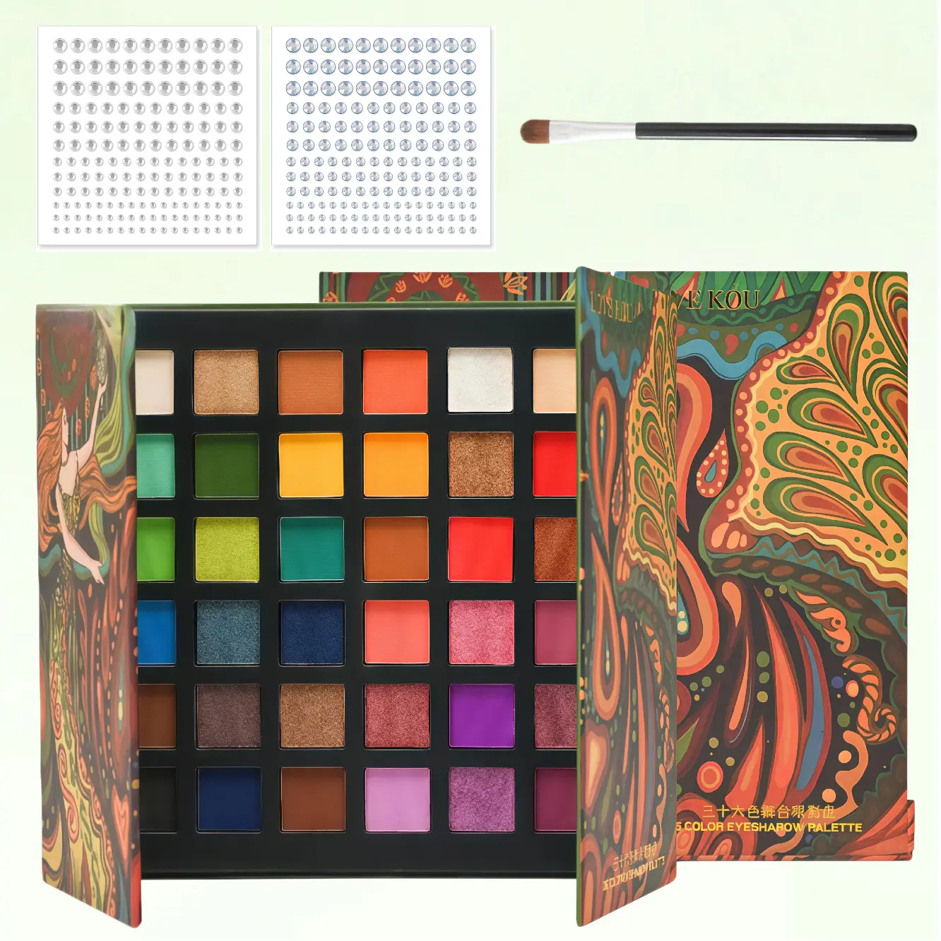 Vintage Oil Painting 36 Color Eyeshadow Palette, Matte Shimmer Glitter Waterproof Eyeshadow for Cosplay Stage Party, Bonus Professional Brush + Decorative Face Rhinestones ， Vibrant Makeup Pigment shade hack travel