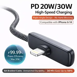 30W PD Right Angle Lightning Cable Fast Charging Braided Charger Cord for iPhone 14 13 12 11 XS XR X 8 7 6 iPad AirPods Durable 90 Degree Gaming Cable 3.3ft/6.6ft