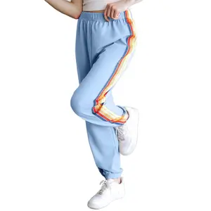 Women's Light Blue High Waist Sweatpants with Rainbow Stripes