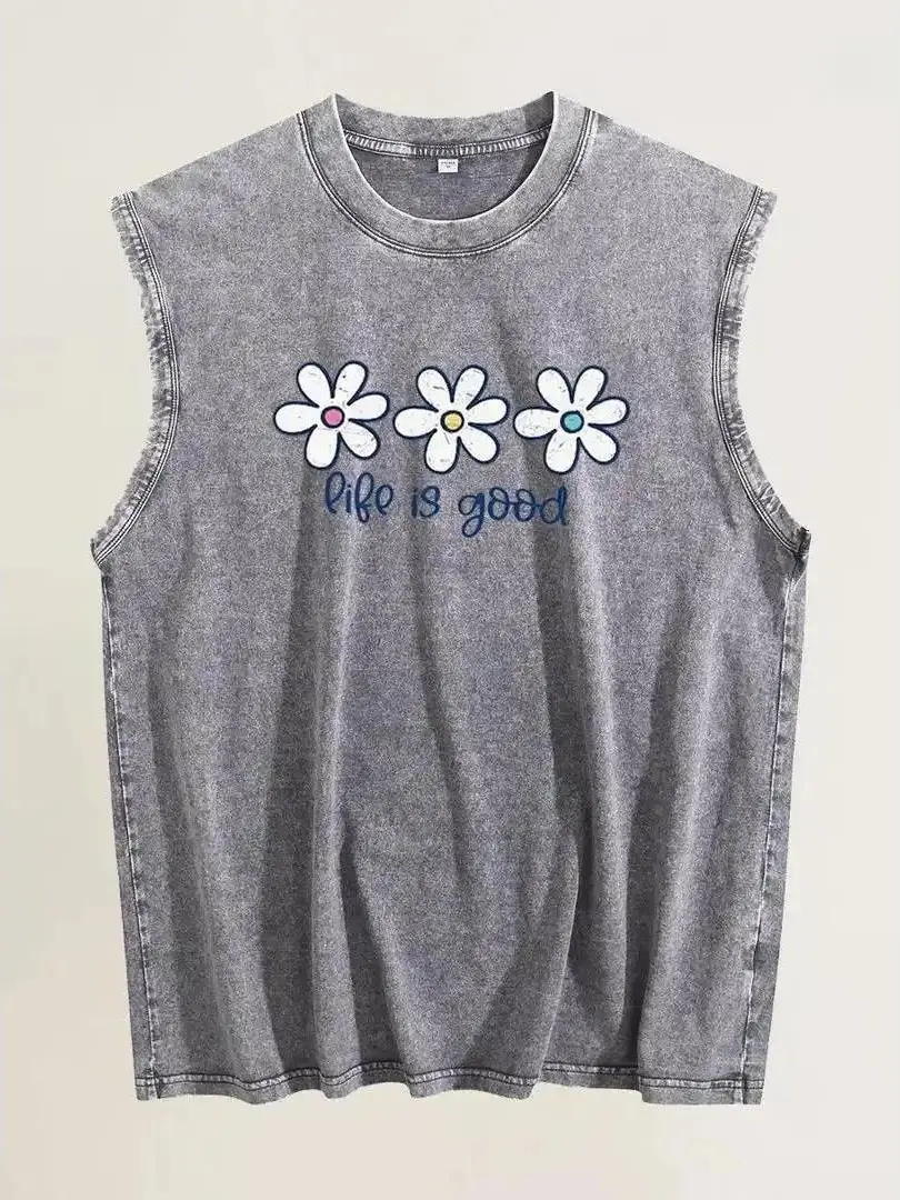 Men's Vintage Acid Wash Cotton Tank Top, Oversized Sleeveless Streetwear Shirt, Lightweight & Breathable for Gym or Daily Casual Wear, All Seasons, Sleeveless Loose-Fit Vests, Tank Vests, Singlet Vests