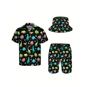 3pcs Men'S Hawaiian Shirt And Short Set, Funny Colorful Neon Dinosaur Soft Fabric Breathable Shirt Button Short Sleeve Casual Beach Shirts Outfits With Bucket Hats