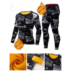 Men's Vintage Letter Print Thermal Compression Underwear Set - Moisture-Wicking Breathable Long Sleeve Crew Neck Top & Skinny Pants, Soft Comfort Fit for Cold Weather, Fall/Winter Knit Fabric, Polyester Blend (95% Polyester, 5% Elastane) - For Men - Suita
