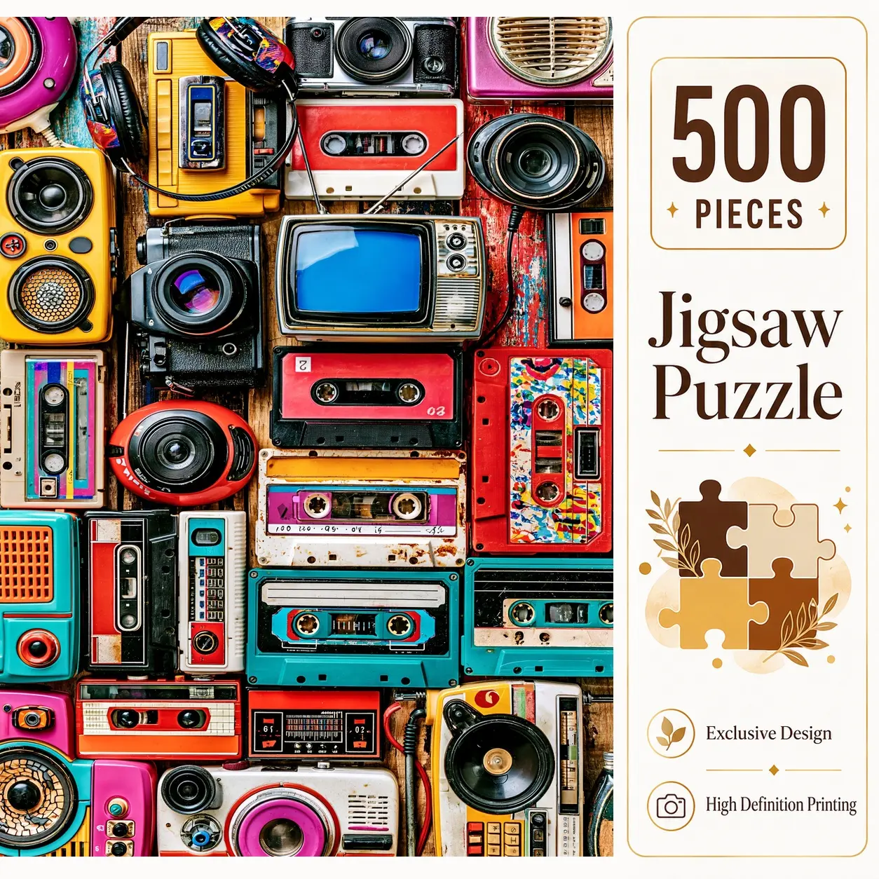 Retro Electronics 500 Pieces Jigsaw Puzzle, Vintage Radio Cassette Camera Puzzle for Adults, Family Game for Relaxation and Stress Relief, Brain Challenge, Wall Decor, Gift for Puzzle Lovers and Seniors, 15x20.5inch(38x52cm)