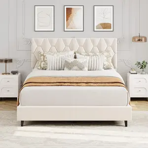 Beige Full Bed Frame with Upholstered Headboard, Heavy-Duty Platform Bed Frame with Strong Wood Slats, No Box Spring Needed/Noise Free/Easy Assembly, Tufted Headboard, Adjustable Headboard