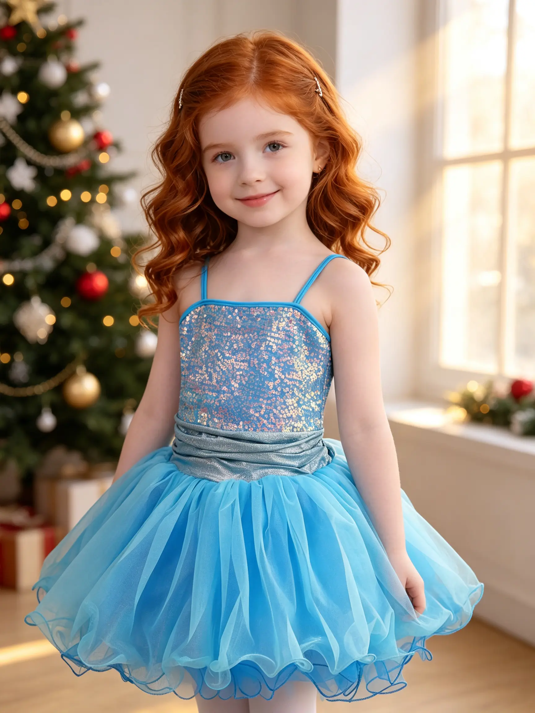 Girls' Polyester Iris Seq. Tutu Dress - Iridescent Sequin Bodice, Above-Knee Solid Blue Ballerina Costume with Ruffle Tulle Skirt, Sweet Look for Dance Class & Parties, All-Season Wear