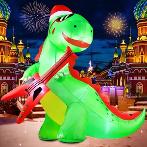 8FT * 8FT Christmas Inflatable Decorations Dinosaur with Guitar, Giant Outdoor LED Lights Holiday Blow up Rex Yard Decoration for Holiday Party Outdoor Garden Yard Lawn Winter Décor