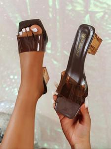 elegant transparent square toe high heels sandals, unique sandals, women shoes, sandals for women, women's shoes, classy sandals, fashionable heeled sandals, slip on luxury designer sandals for party, sophisticated decor for women & girls, trending shoes