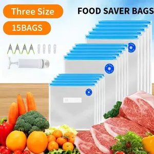 SJPACK 24Pcs Vacuum Zip Reusable Sealer Bag Hand Pump Kitchen Food Saver Storage Bags - Three Size 15Bags for Freshness Preservation