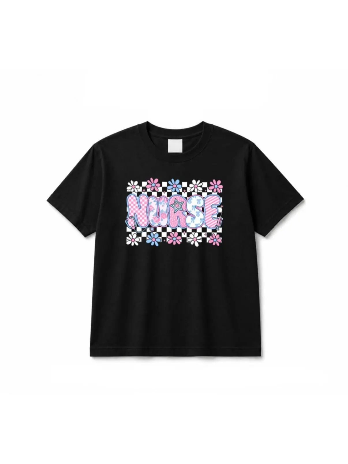 Women's Preppy Nurse Print Top - Soft Cotton Short Sleeve Casual Style Checkered Floral Stethoscope Design Classic Fit Shirt