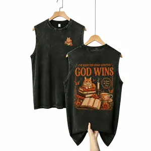 Vintage Acid Washed Sleeveless Tank Top, I’ve Read The Final Chapter God Wins Retro Orange Cat Book Floral Double Side Print, Cute Faith Graphic Tank For Christian Cat Lovers Summer Casual Daily Street Outfit