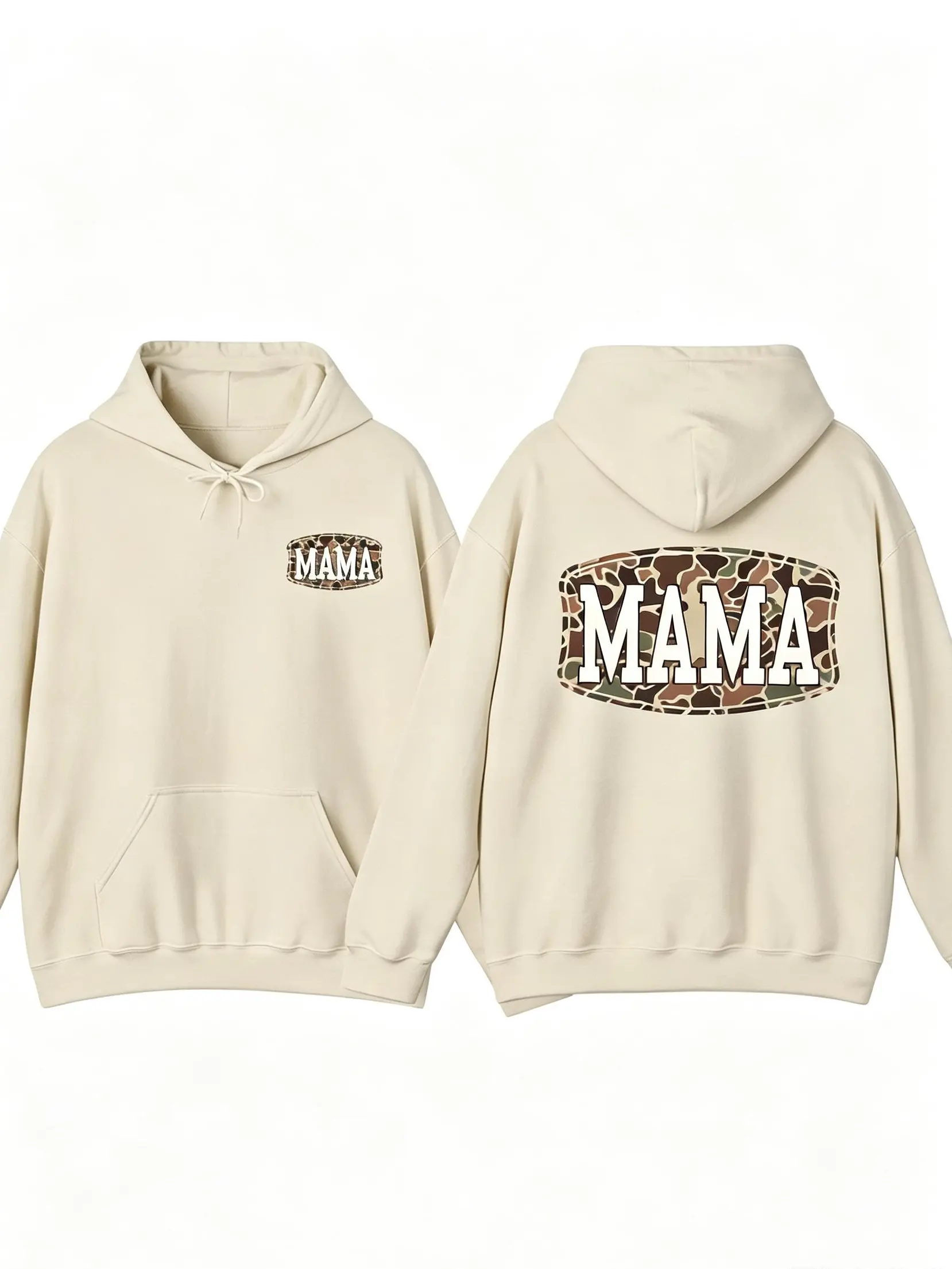 Women's Camo Mama Graphic Soft Cotton Hoodie, Preppy Streetwear Long-Sleeve Sweatshirt with 2-Sided Graphics, Hooded Neck, Breathable Casual Top, Sweatshirts, Breathable Fabric